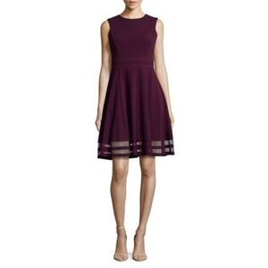 Calvin Klein aubergine purple illusion mesh stripe sleeveless fit flare dress 2